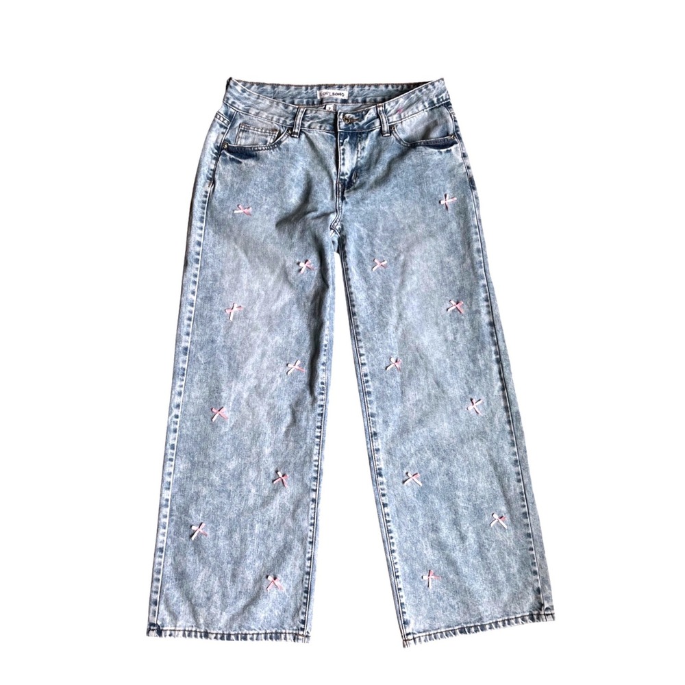 Love Soho Light Acid Wash Wide Leg Jeans Pink Bow Embroidery Size 9 Balletcore